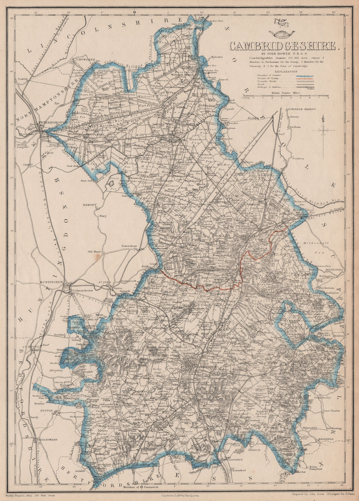 CAMBRIDGESHIRE. Antique county map. Railways turnpike roads. DOWER 1863